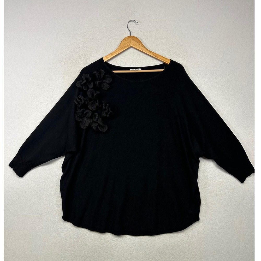 Avant Garde Lagenlook Vila Milano Women 2X Black 3D Floral Dolman Sleeve Sweater